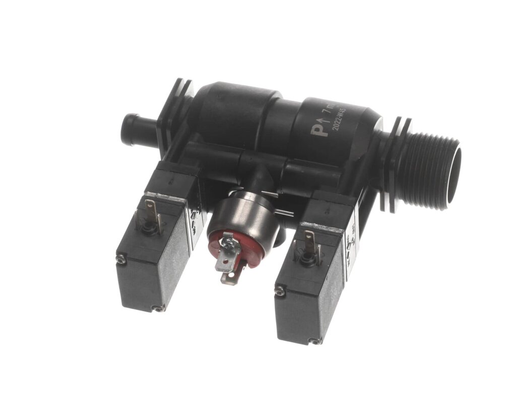 a black device with a red and black valve